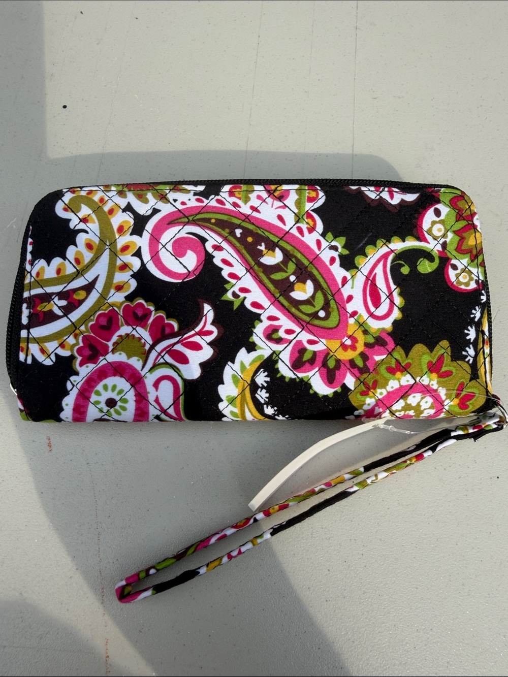 Quilted Paisley Wristlet Card Holder - Black with Pink & Green